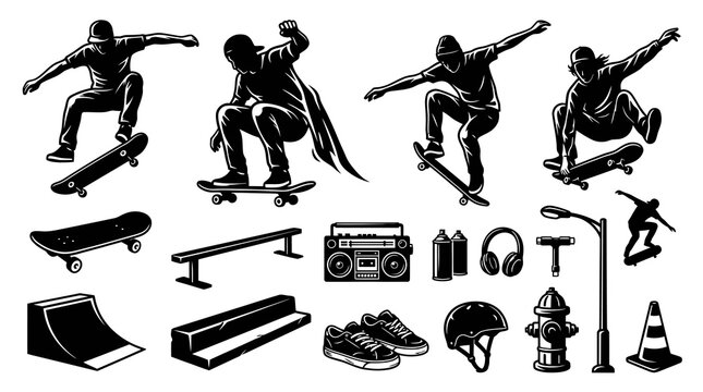 Black and White Skateboarder Silhouettes and Icons Set