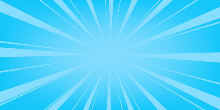 Blue comic radial speed lines background. Vector burst or sunbeam texture for superhero action, manga, and cartoon design. Bright light rays centered backdrop.