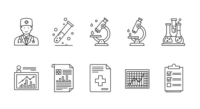 Science icons illustrate medical laboratory procedures and clinical research analysis in a clean black line art style on a white background.