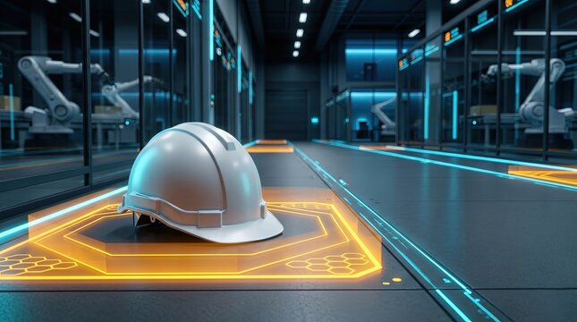 Safety helmet on floor with glowing safe zone grid and smart path lines in factory, hazard mapping system, workplace protection, work safety
