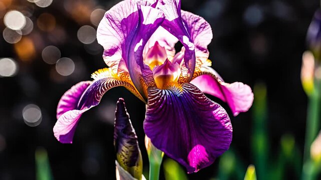 Close up of vibrant iris flower with purple petals and bokeh background