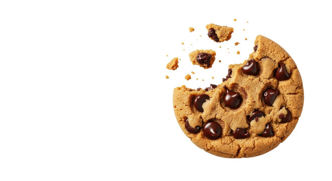 hyper-detailed, high-key flat lay of a fresh chocolate chip cookie with a realistic bite mark and crumbs, isolated on a transparent void with ample copy space. concept for commercial food