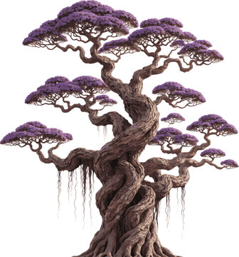 Generate a realistic tree, Lignum vitae, purple flower vector art with white background..