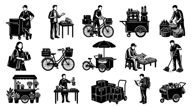 Black and White Engraving Style Icons of Small Business, Street Vendors, and Daily Work Activities
