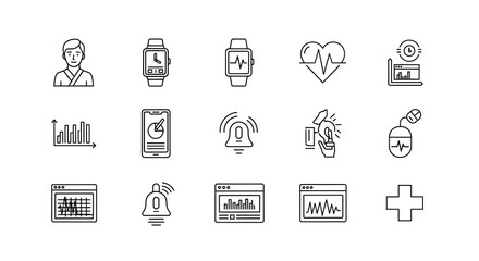 Fototapeta premium Healthcare technology icons featuring digital monitors and vital signs are organized in a structured grid layout.