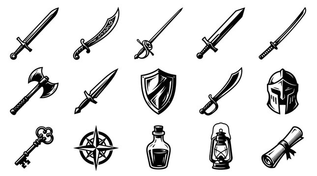 Medieval Fantasy Vector Icons: Swords, Axe, Shield, Helmet, Key, Compass, Potion