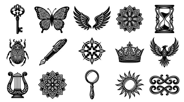 Set of Vintage Mystical Symbols and Elements, Detailed Black  White Engraving Style Illustrations
