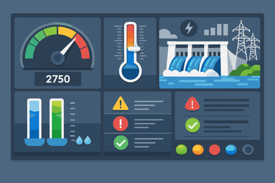 Digital control panel interface for a hydroelectric power station displaying real-time data. High-tech dashboard for energy monitoring, water flow management, and turbine performance analytics.