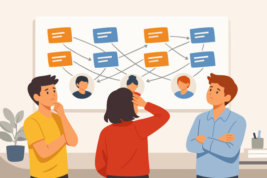 Professional vector illustration depicting ambiguity in team roles where a shared project board shows duplicated task labels connected to various employees, symbolizing workflow confusion and overlap.