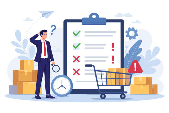 Polished flat depiction of a suited professional scrutinizing a task roster beside an empty trolley revealing absent merchandise, spotlighting retail stockout challenges, warehouse inventory