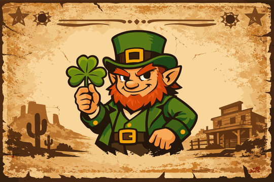 St Patricks Day leprechaun wanted banner in a vintage Western style poster design featuring traditional Irish holiday elements combined with Wild West outlaw aesthetic for unique festive decor.