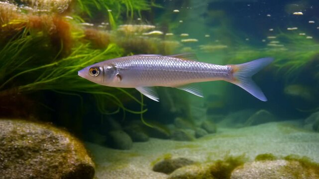 Tracking shot of silver freshwater fish swimming underwater among green aquatic plants