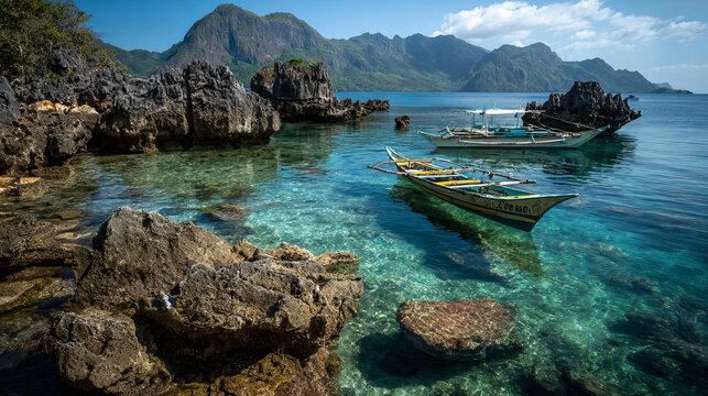 Boats near rocky shapes in the Philippines.