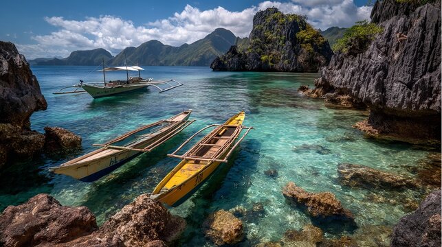 Boats near rocky shapes in the Philippines.