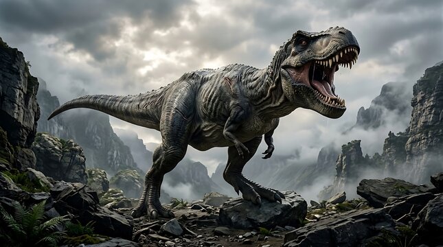 A hyper realistic digital illustration of a ferocious Tyrannosaurus rex mid roar, set in a moody prehistoric environment with rocky cliffs and stormy skies. Perfect for educational materials, sci fi m