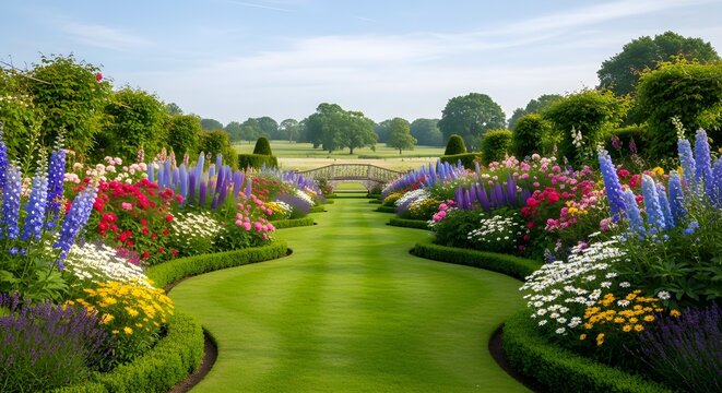 Vibrant Formal Garden Avenue with Twin Flower Borders, Meandering Green Lawn, Ornamental Shrubs, Distant Bridge and Open Fields under a Bright Blue Sky in a Picturesque Country Estate Landscape

