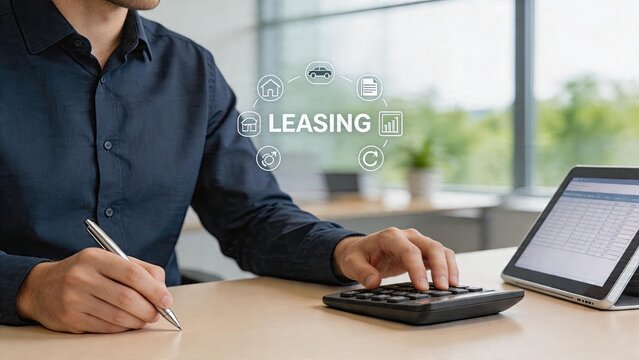 Businessman calculating financial lease costs with calculator in office analyzing leasing contract options digital hologram graphic showing renting assets like cars and homes