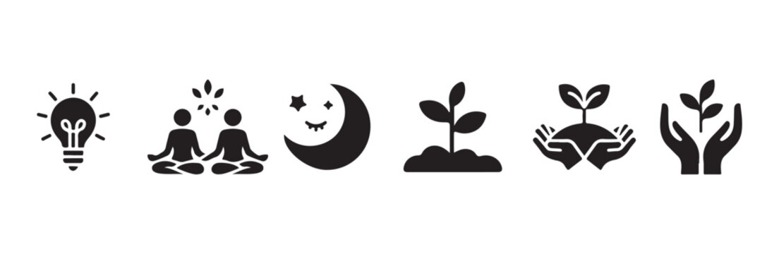 Set of black icons representing ideas and personal growth.