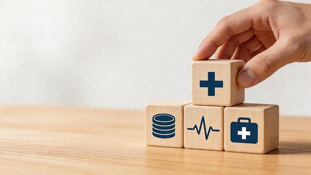 Business man stacking wooden blocks with healthcare icons database symbol heart rate line medical kit and cross building strategy for medicine health care organization insurance