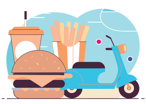 Fast food delivery with scooter burger fries drink junk food street food flat design order online meal deal pick up delivery transport takeaway restaurant convenience appetite delicious