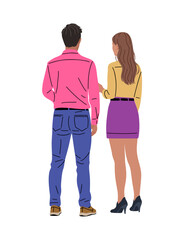 Obraz premium Back view of a man and woman standing together. They appear calm and connected, facing forward. Their clothing suggests a casual or semi-formal outing. Perfect for illustrating teamwork, partnership