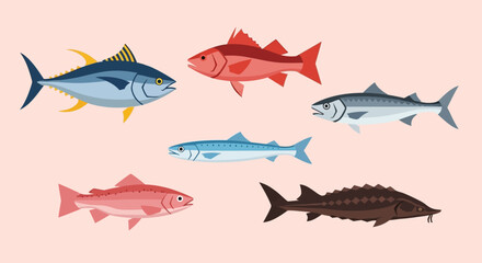 Obraz premium Collection of colorful tropical fish silhouettes swimming on a pink background, showcasing varied shapes and hues.