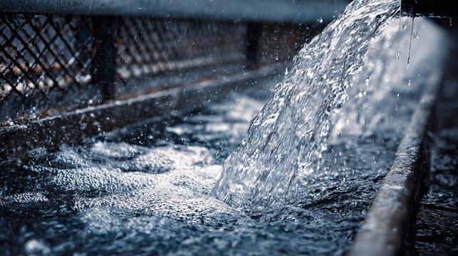 Water flows down a scrubber, clear and bright. It's an idea for saving and protecting our water resources, keeping them pure.