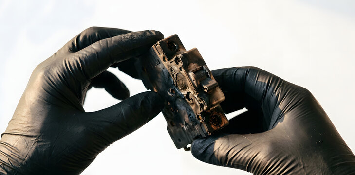 Burnt and melted MCB circuit breaker due to electrical overload or short circuit, forensic examination of fire hazard and damaged electrical component held by investigator.