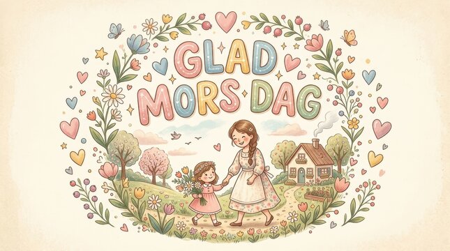 Cute pastel illustration style with rounded lettering &ldquo;Glad Mors Dag&rdquo;, small hearts, flowers, soft textures, childlike yet refined aesthetic