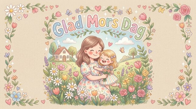 Cute pastel illustration style with rounded lettering &ldquo;Glad Mors Dag&rdquo;, small hearts, flowers, soft textures, childlike yet refined aesthetic