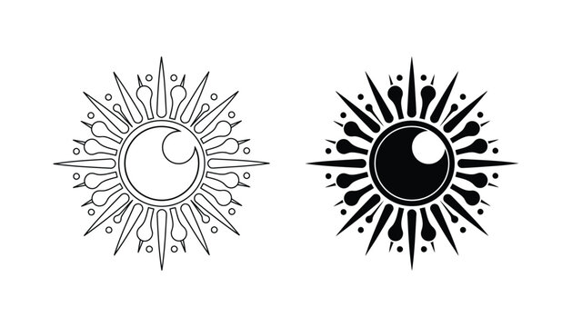 Stylized sun and moon celestial symbol with rays and dot details for mystical and spiritual branding graphic design