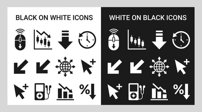 Black and white flat icons set for business and finance