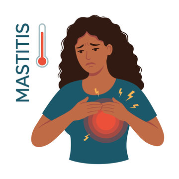 Woman with mastitis holding her breast in pain
