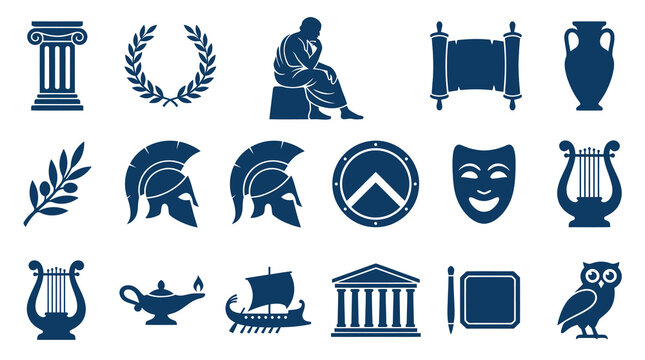 Ancient Greek Roman History Culture Glyphs Icon Set. Classical Mythology, Art, Education Flat Silhouettes.