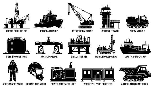 Arctic Oil and Gas Exploration Icons Set. Heavy Industry, Drilling, Transportation  Equipment Glyphs.
