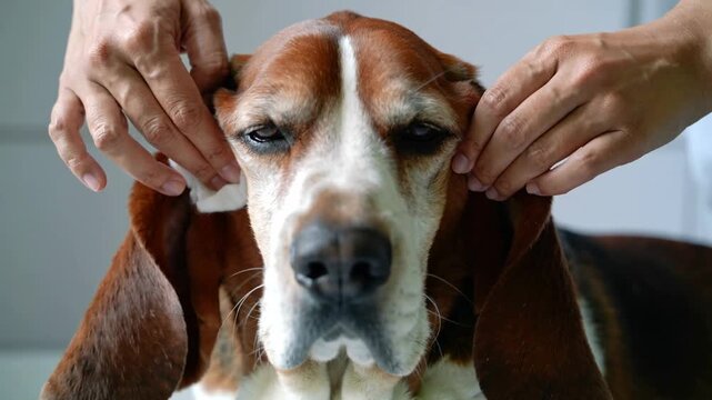 Serene Basset Hound enjoys devoted ear cleaning, its long ears delicately tended by caring human hands