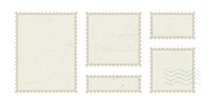 A set of five blank vintage postage stamps with perforated edges and aged paper texture, including one with a wavy postmark, presented as a vector illustration.