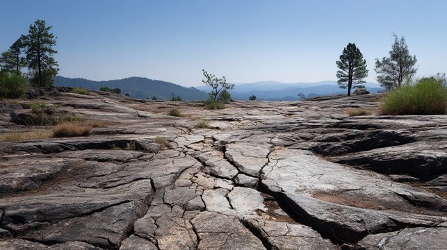 Stone mountain background shows cracked, crumbled basalt and granite.
