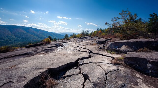 Stone mountain background shows cracked, crumbled basalt and granite.