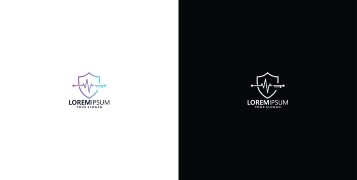 Shield pulse logo design with stethoscope icon and heartbeat waveform for healthcare and medical services