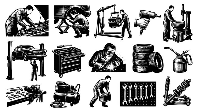 Automotive Mechanic Workshop Tools and Car Repair Service Black and White Line Art Illustrations Set