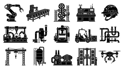 Obraz premium Industrial Automation Icons Set - Black and White Vector Graphics