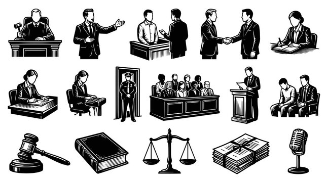 Black and White Line Art Icons of Law and Justice, Courtroom and Legal Symbols