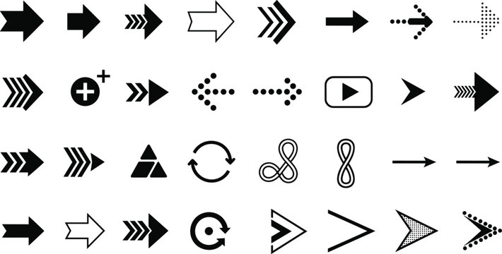 Arrow icons vector set with directional symbols play button refresh loop and navigation signs in flat style collection