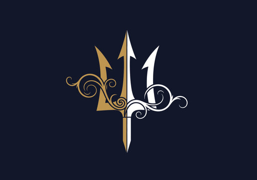 Gold and silver trident logo with decorative floral flourishes