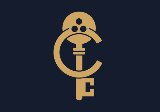 Golden skeleton key logo with letter C on navy background
