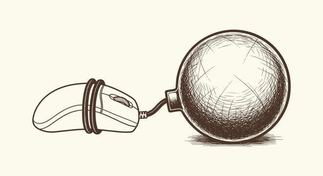 Vintage sketch of a computer mouse connected to a bomb as a metaphor for internet addiction risk