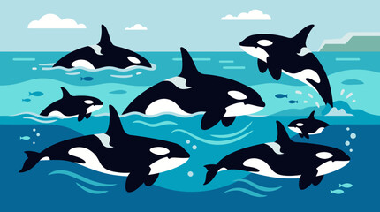 Illustration of orcas swimming in ocean. © Abhinaya Project