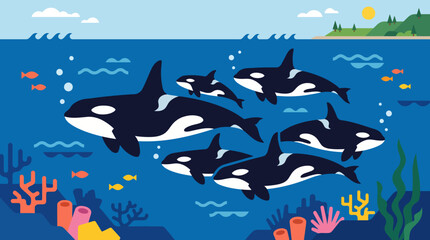 a group of orcas swimming underwater. © Abhinaya Project