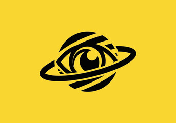 Minimalist black eye planet icon on bright yellow background © pikri